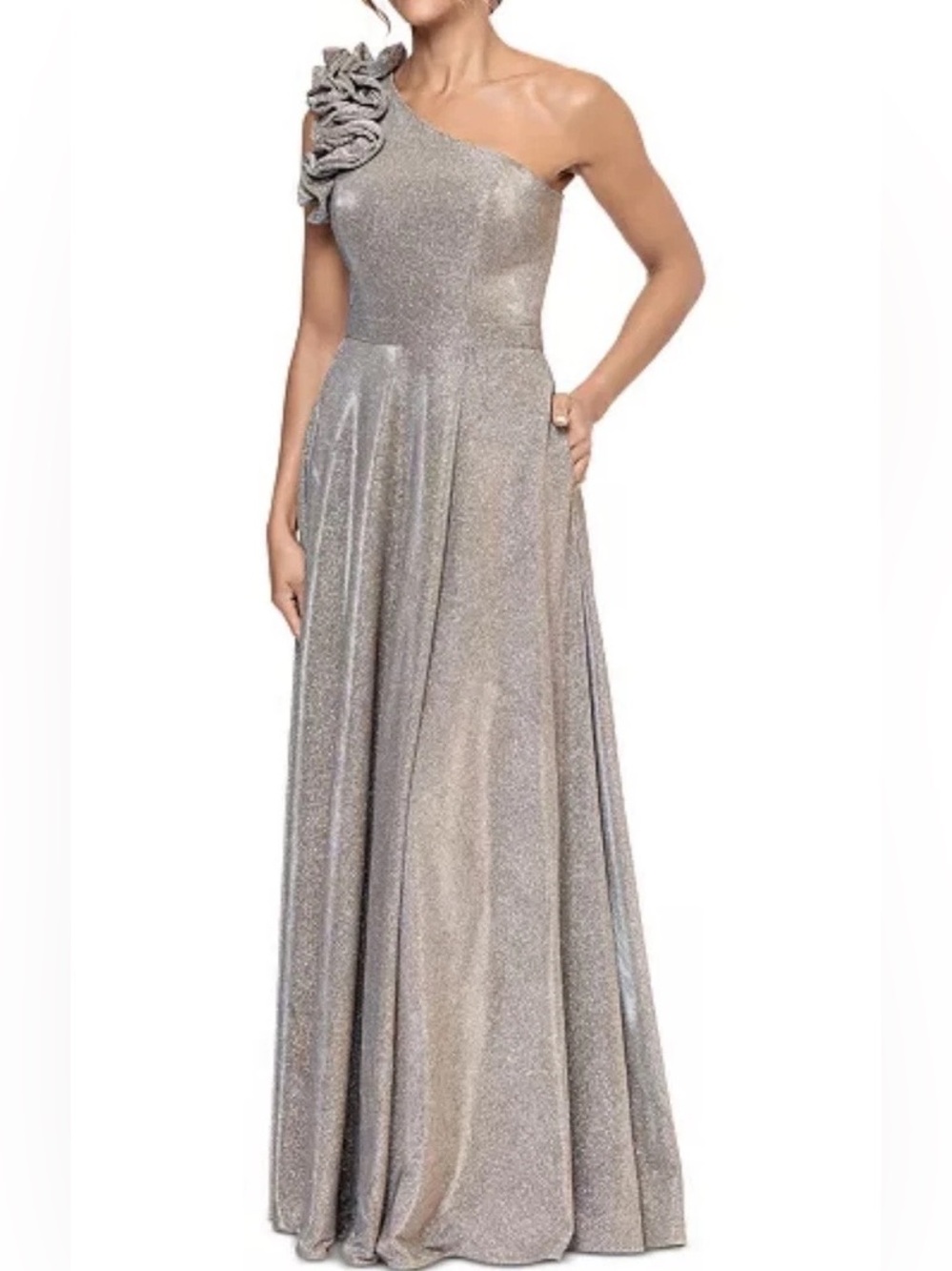Xscape rosette One-Shoulder Metallic Gold shimmer Evening maxi gown women’s 10